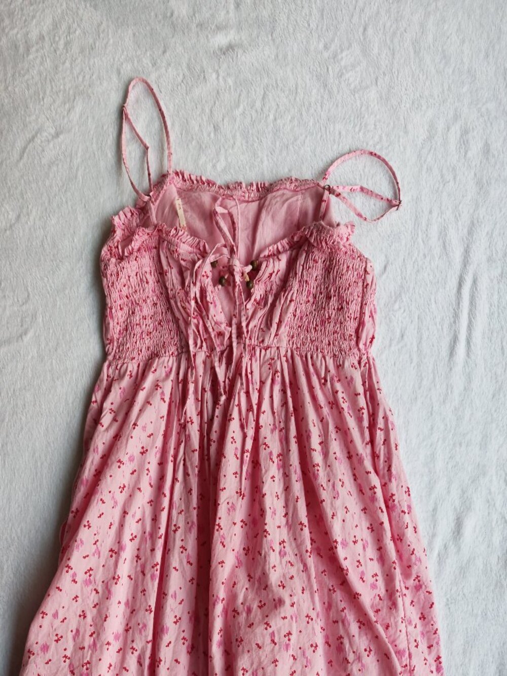 Free People Gabby Mini Dress Pink Cherry Print Size XS Boho Cottagecore Smocked - Picture 10 of 16